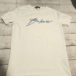Balmain Cream T-Shirt with Blue Logo